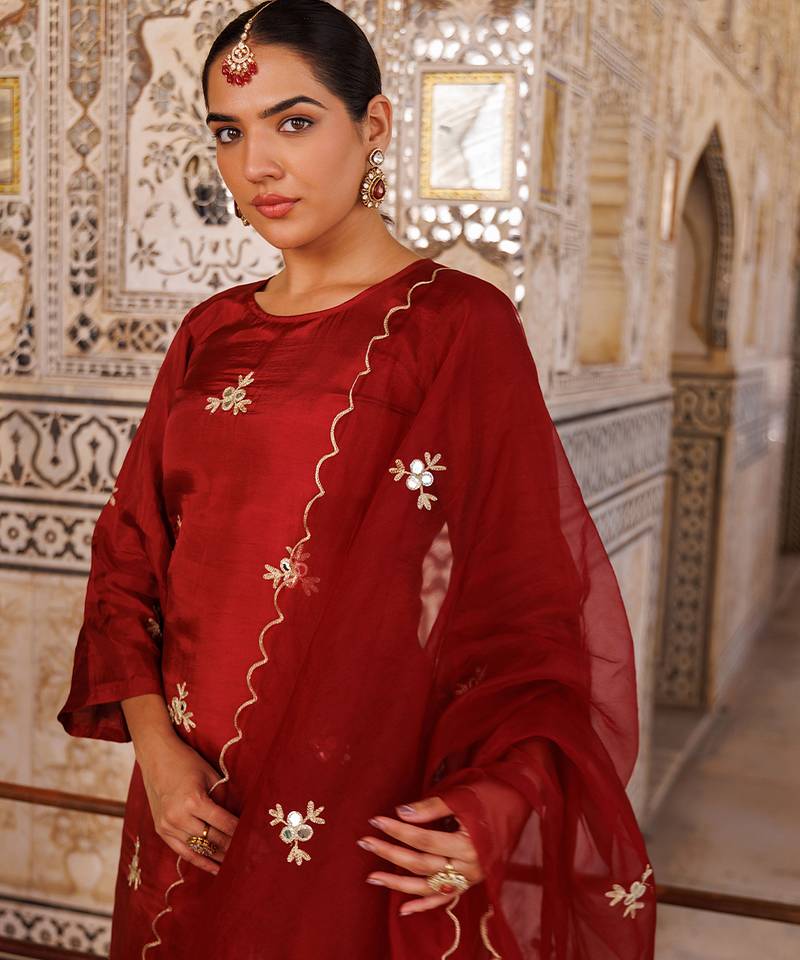 Maroon embroidered silk Kurta Set