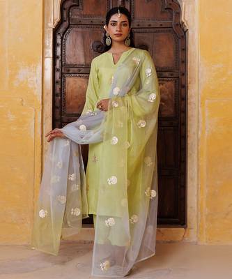 Green embroidered silk kurta set 1