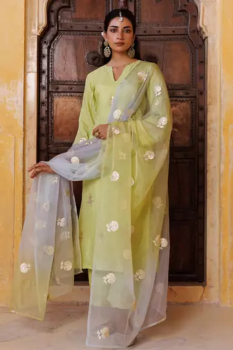 Green embroidered silk kurta set