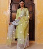 Green embroidered silk kurta set