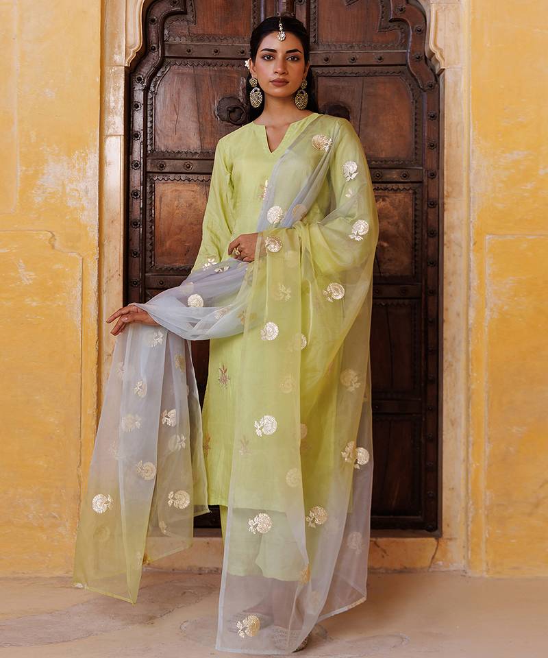 Green embroidered silk kurta set
