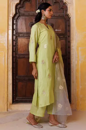 Green embroidered silk kurta set