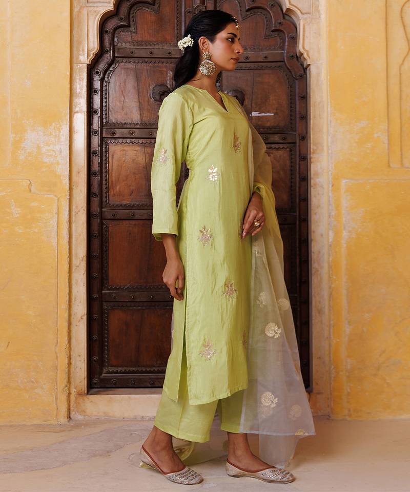 Green embroidered silk kurta set