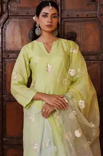 Green embroidered silk kurta set