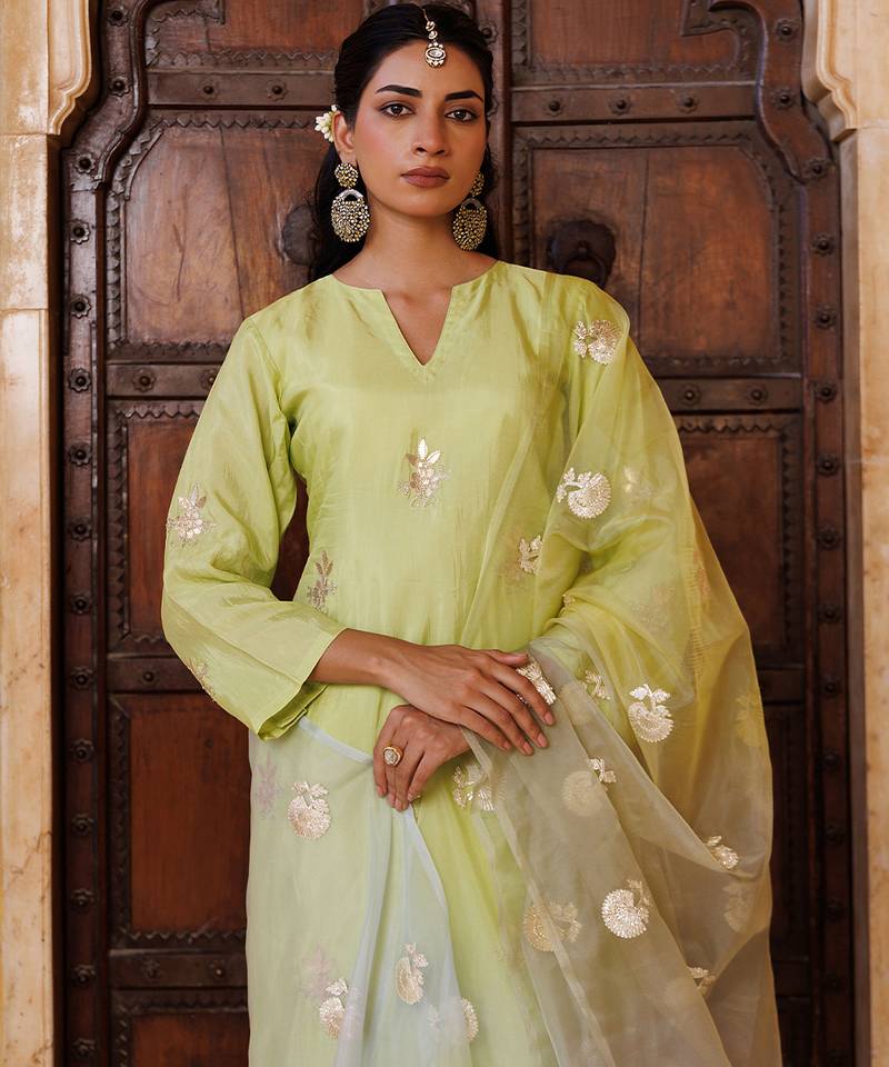 Green embroidered silk kurta set