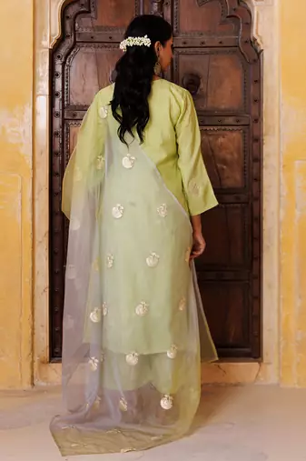 Green embroidered silk kurta set
