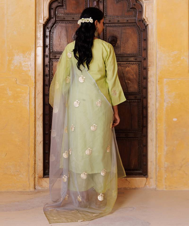 Green embroidered silk kurta set