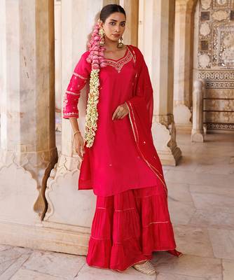 Magenta embroidered silk sharara set 1
