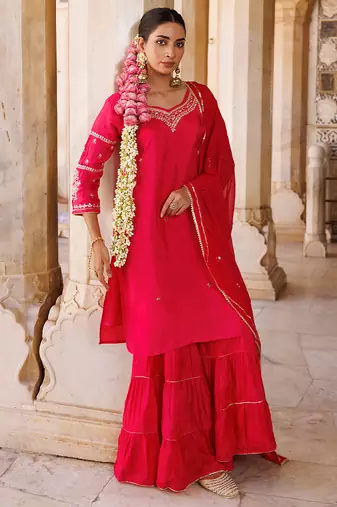 Magenta embroidered silk sharara set