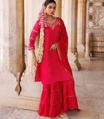 Magenta embroidered silk sharara set