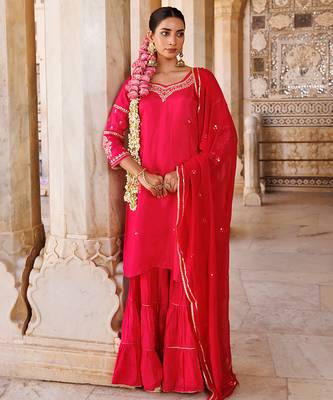 Magenta embroidered silk sharara set 2