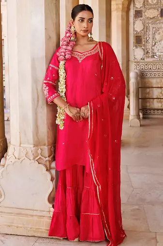 Magenta embroidered silk sharara set