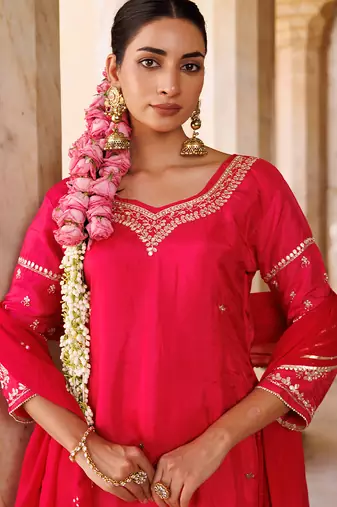 Magenta embroidered silk sharara set