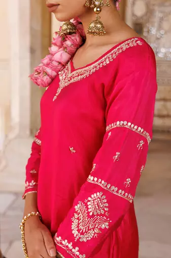 Magenta embroidered silk sharara set