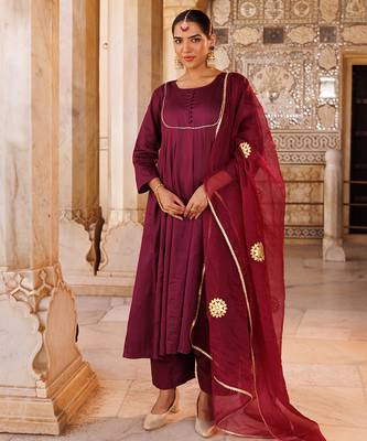 Purple plain cotton silk anarkali 1