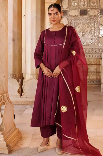 Purple plain cotton silk anarkali