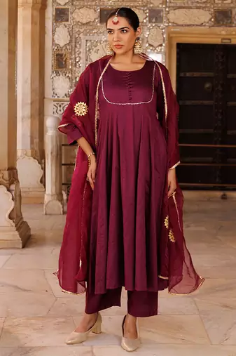 Purple plain cotton silk anarkali