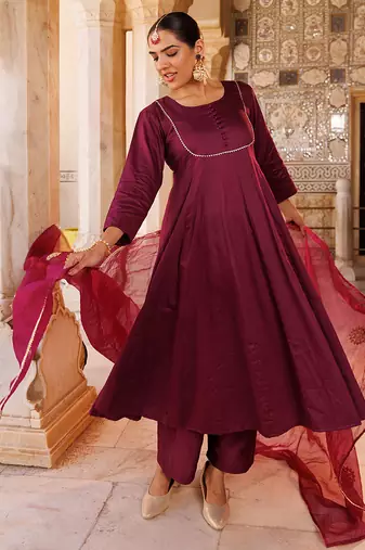 Purple plain cotton silk anarkali