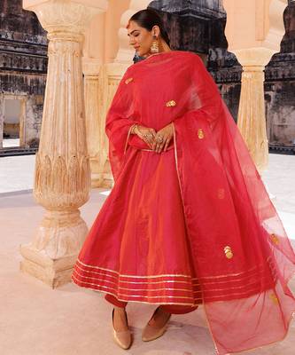 Pink plain raw silk anarkali 1