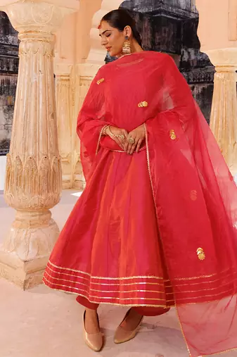 Pink plain raw silk anarkali