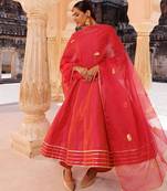 Pink plain raw silk anarkali