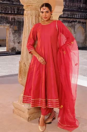Pink plain raw silk anarkali