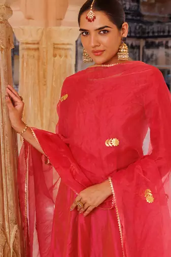 Pink plain raw silk anarkali