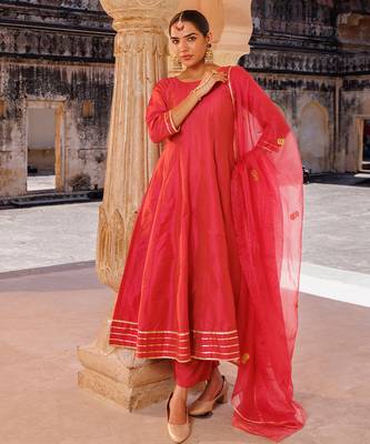 Pink plain raw silk anarkali 5