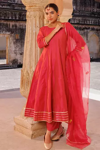 Pink plain raw silk anarkali