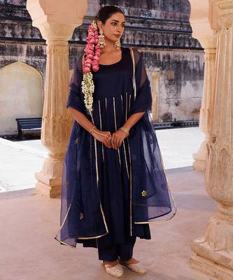 Dark-navy-blue embroidered cotton silk anarkali 1