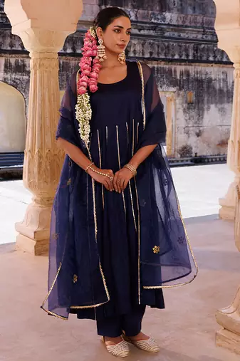 Dark-navy-blue embroidered cotton silk anarkali