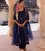 Dark-navy-blue embroidered cotton silk anarkali