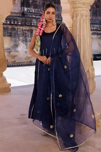 Dark-navy-blue embroidered cotton silk anarkali