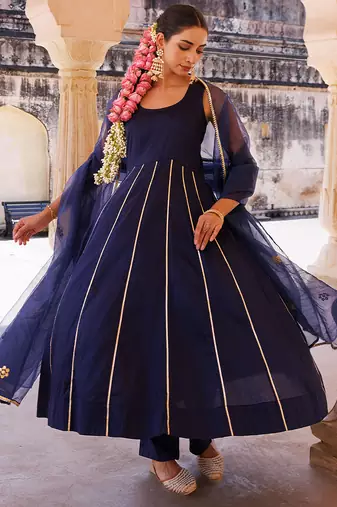 Dark-navy-blue embroidered cotton silk anarkali