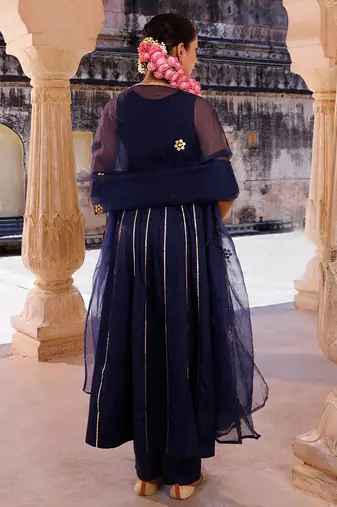 Dark-navy-blue embroidered cotton silk anarkali