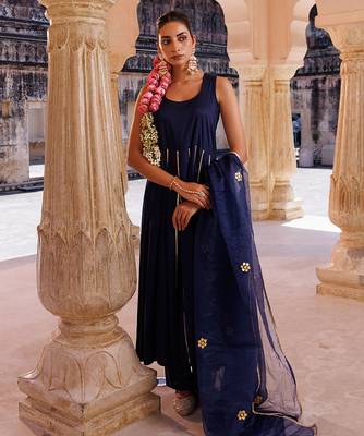 Dark-navy-blue embroidered cotton silk anarkali 5