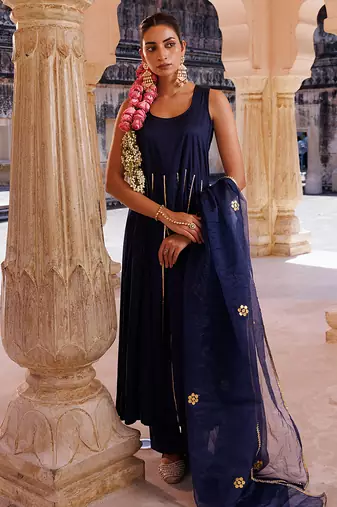 Dark-navy-blue embroidered cotton silk anarkali