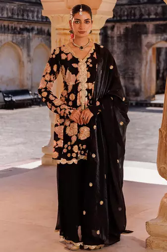 Black embroidered crepe sharara set