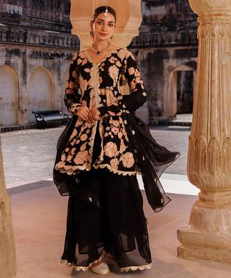 Black embroidered crepe sharara set 2