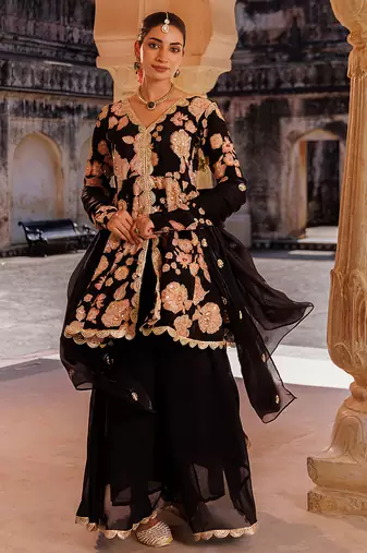 Black embroidered crepe sharara set