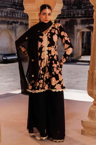 Black embroidered crepe sharara set