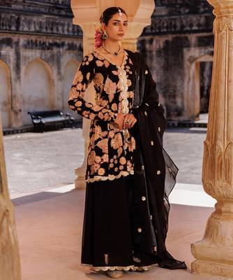 Black embroidered crepe sharara set 5
