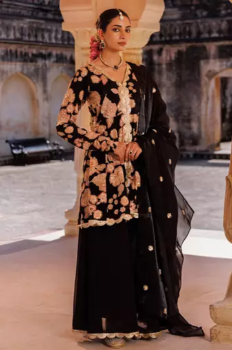 Black embroidered crepe sharara set