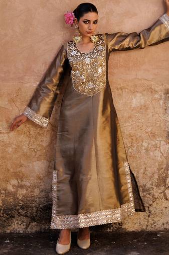 Brown embroidered tissue kurta set