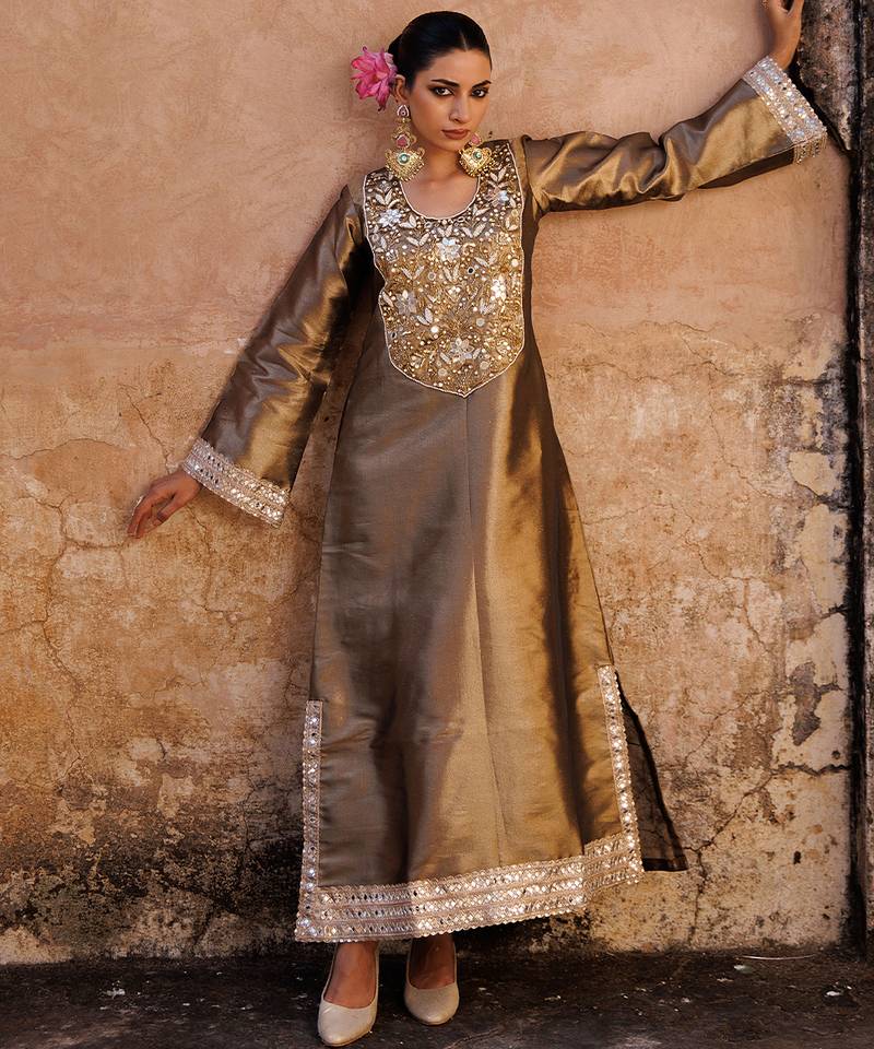 Brown embroidered tissue kurta set