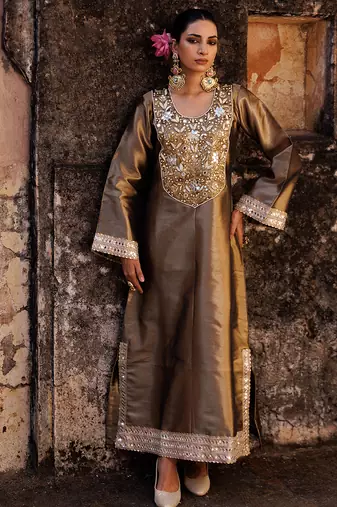 Brown embroidered tissue kurta set