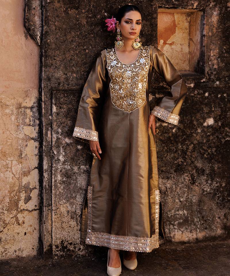 Brown embroidered tissue kurta set