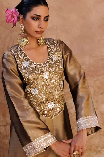 Brown embroidered tissue kurta set