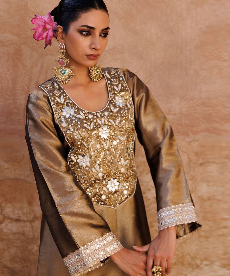 Brown embroidered tissue kurta set