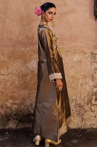Brown embroidered tissue kurta set